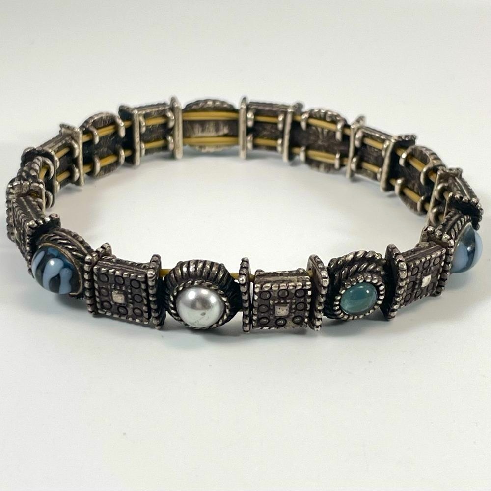 Antique Silver Tone Glass Rhinestone Metal Link Stretch Bracelet Boho Statement